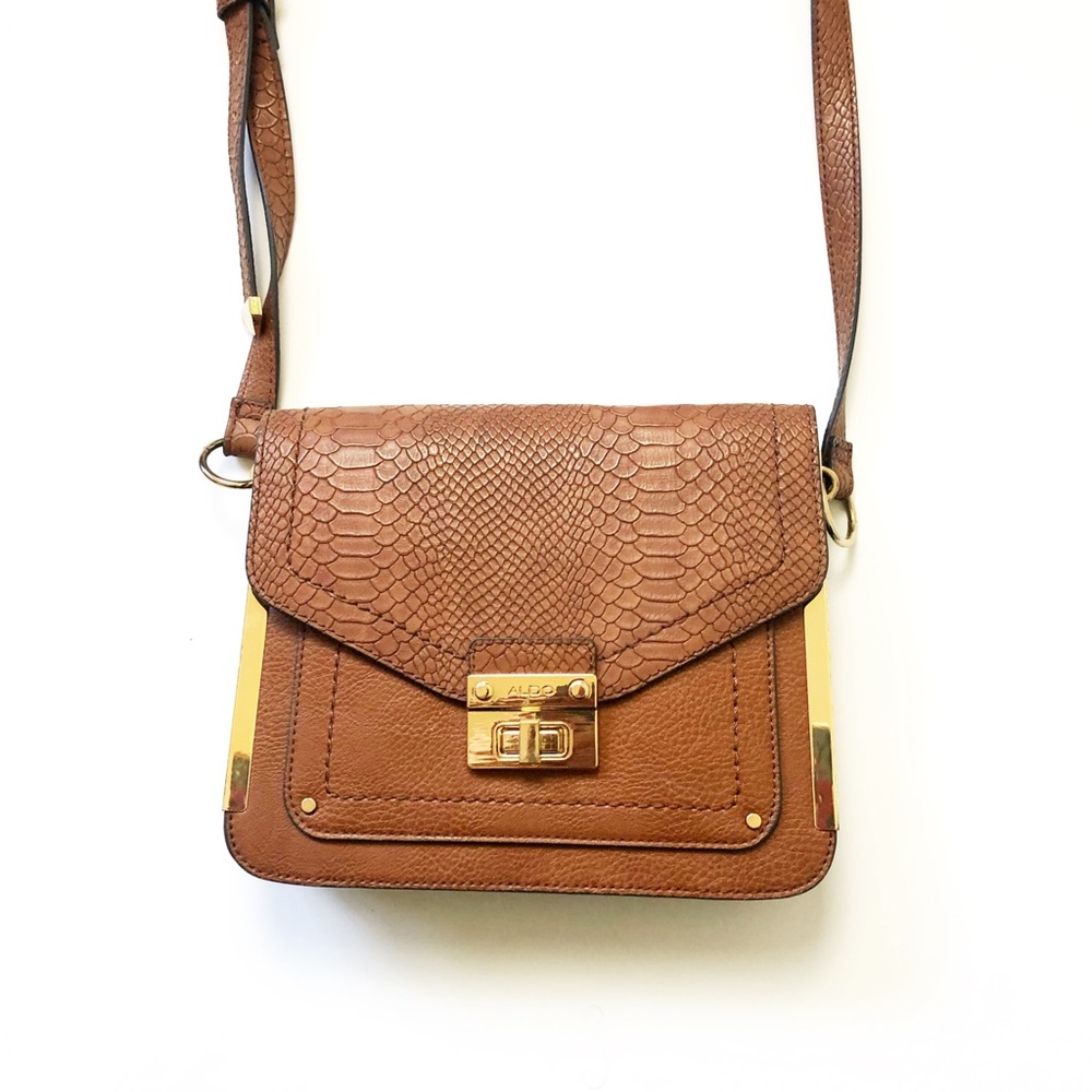 Aldo Brown Pleather Cross Body Bag. Gently used with some tarnishing on hardware